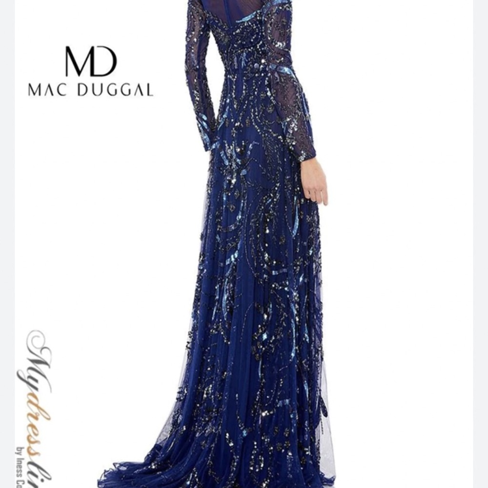 Mac Duggal Navy Blue Sequined Long Sleeve Evening Gown - Picture 2 of 11
